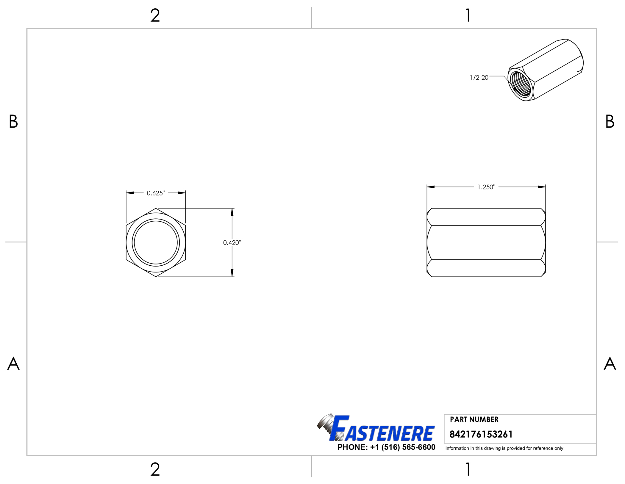 1/2-20 Rod Coupling Nuts Hex Extension Stainless Steel Qty 50 