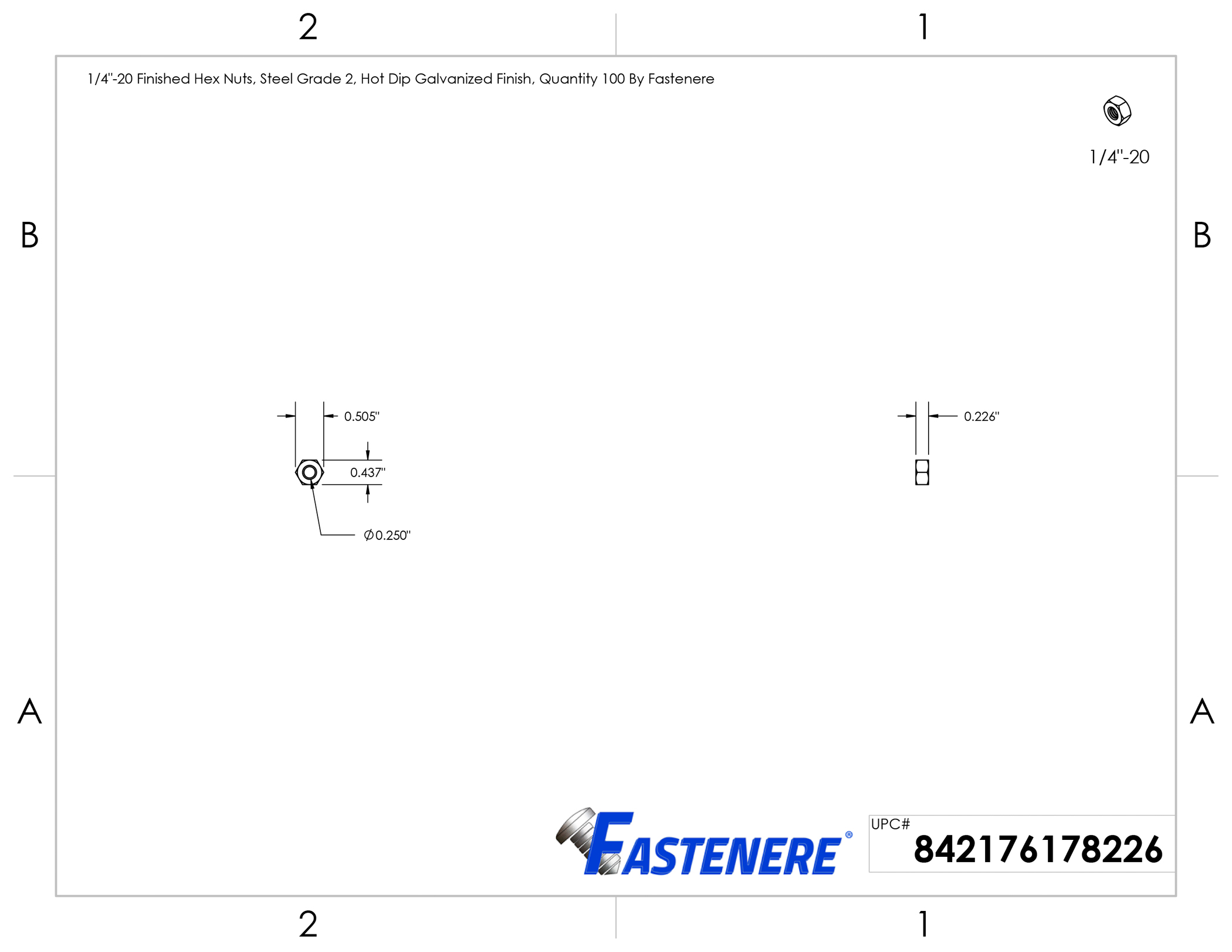 Lot De 500 écrous Hexagonaux Finis 1/4"-20 Grade 2 - Acier Galvanisé à Chaud