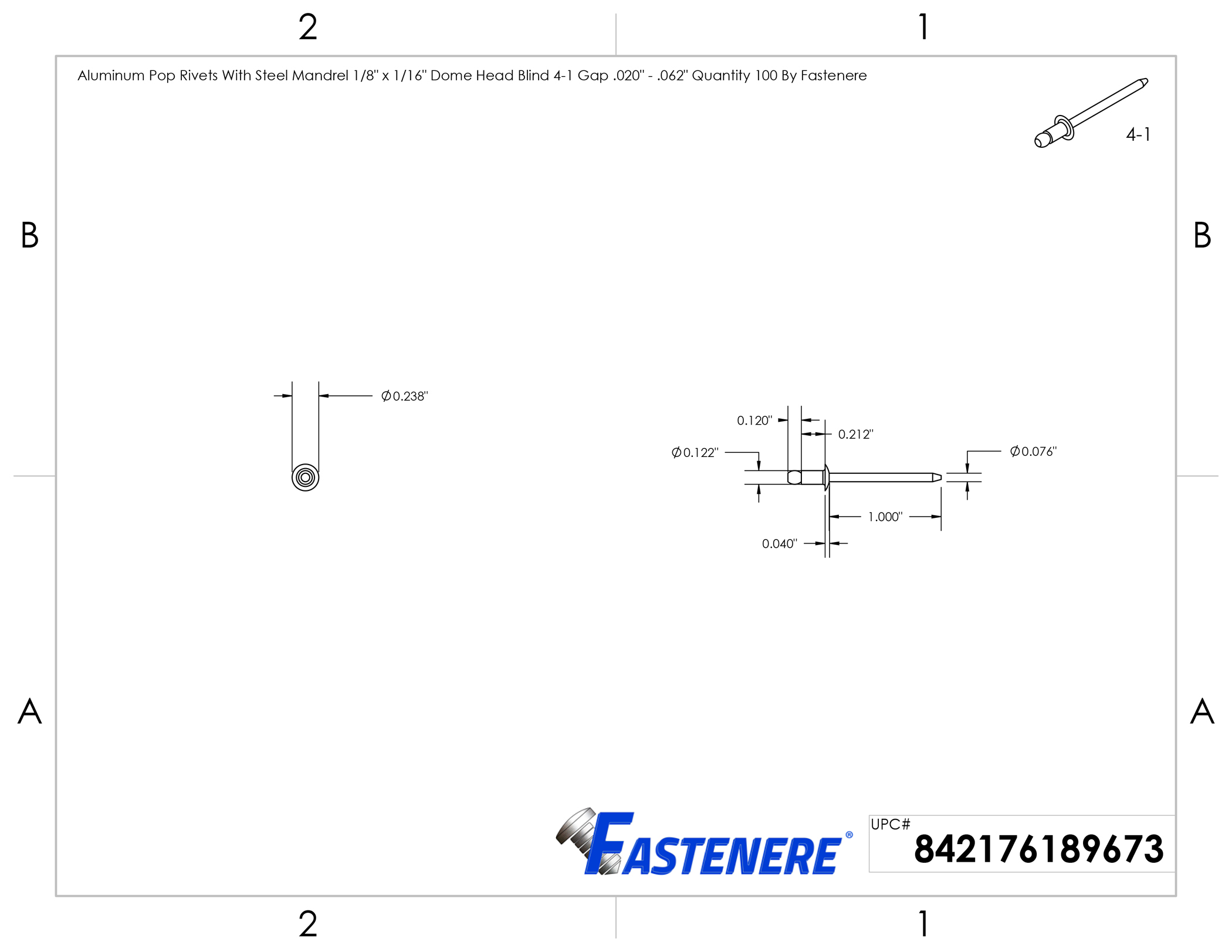 Fastenere 25-Pack: 1/4" X 1/2" Aluminum Pop Rivets With Steel Mandrel & Dome Head