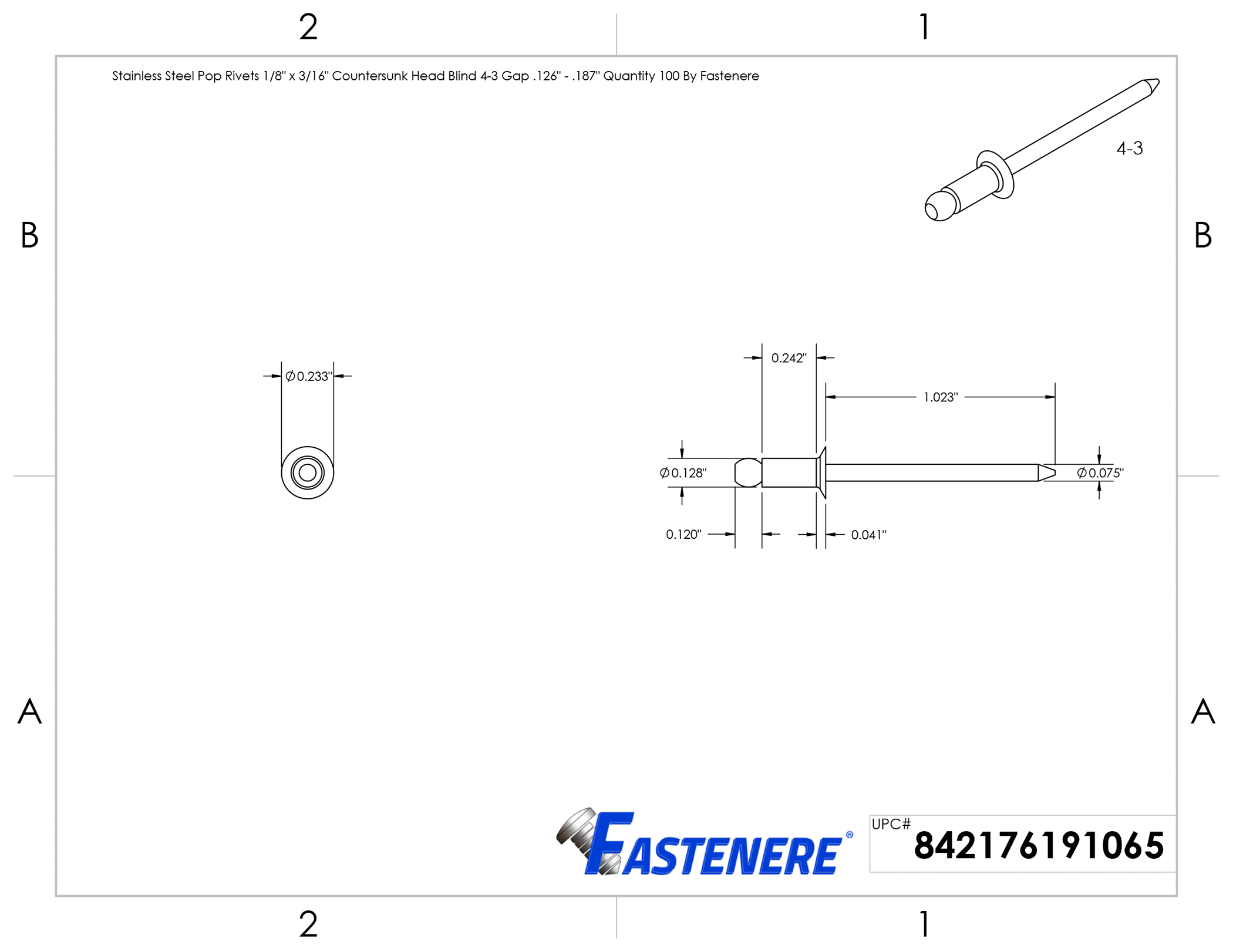 Stainless Steel Pop Rivets 1/8" x 3/16" Flat Countersunk Head Blind 4-3 Qty 100 