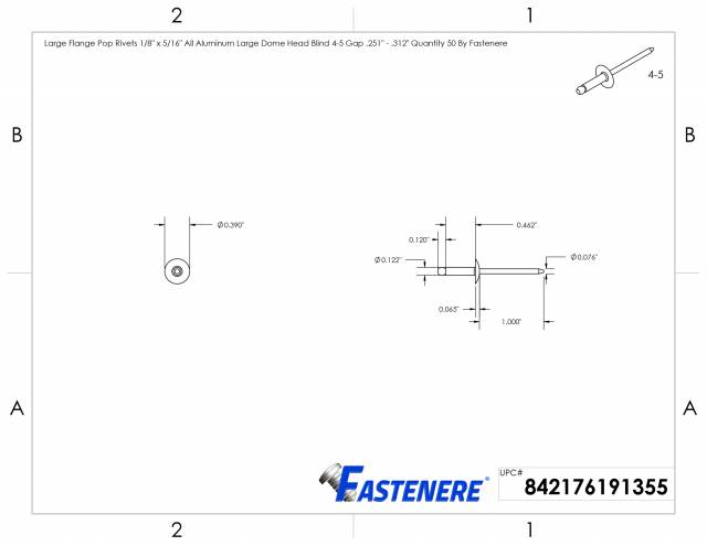 4-5 Dome Head Qty 50 Large Flange Pop Rivets 1/8" x 5/16"All Steel 