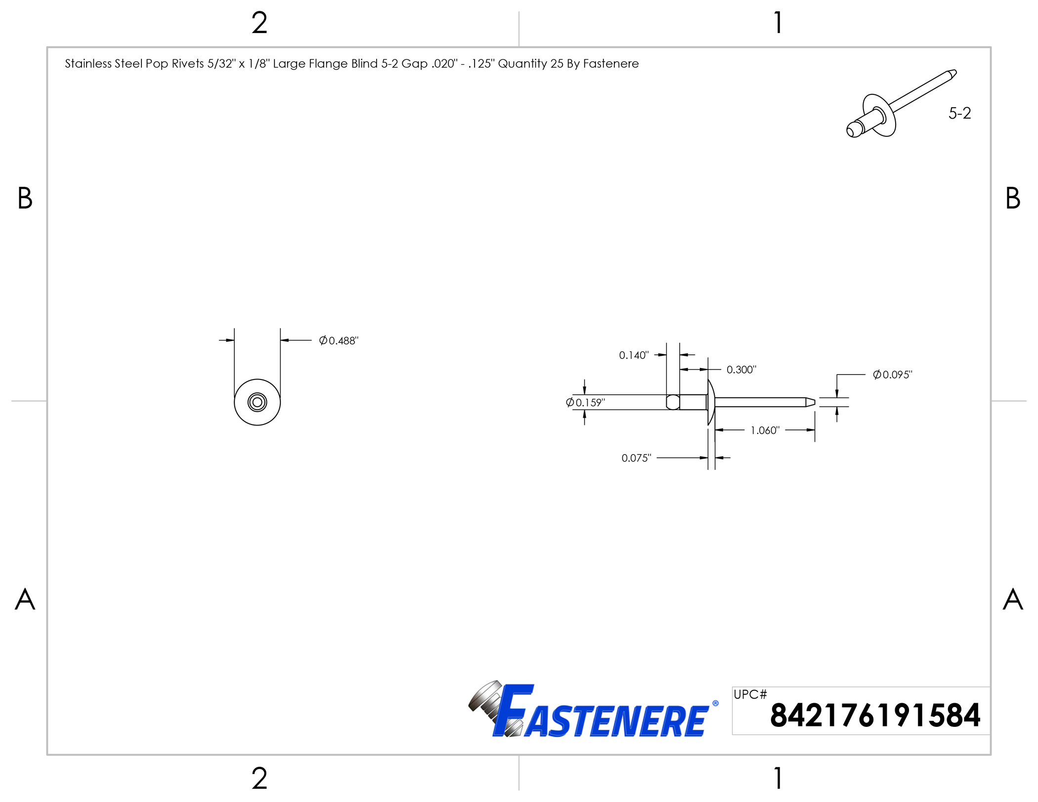 25 PCS Large Flange Pop Rivets – 5/32 X 3/8 Inch, Stainless Steel, Blind, Grip Range .251-.375 Inch