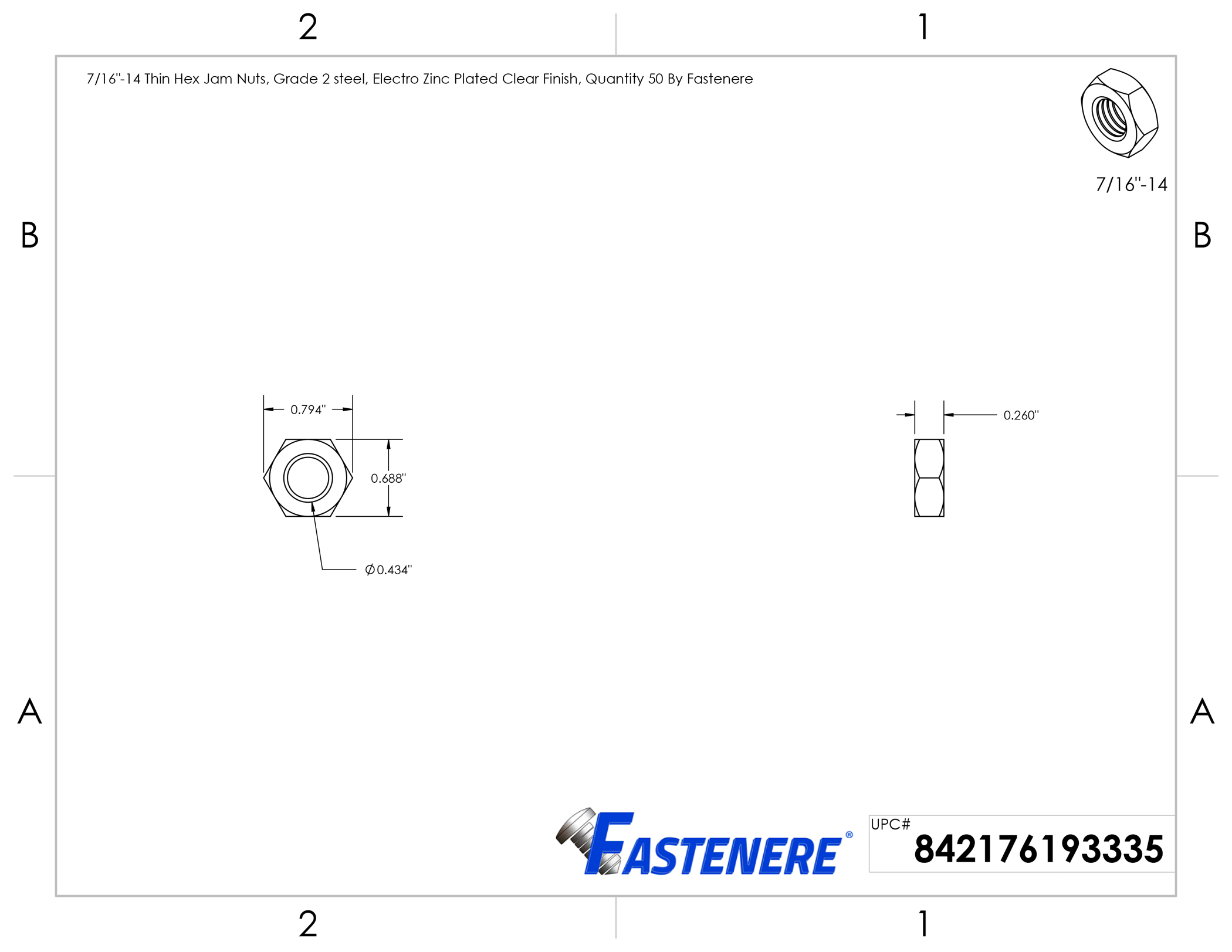 7/16"-14 Thin Hex Jam Nuts Grade 2 Steel Electro Zinc Plated Qty 50 